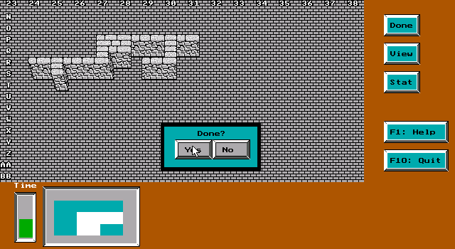 Towers (DOS) screenshot: When a level is filled, you can end the timer with the 'Done' button.