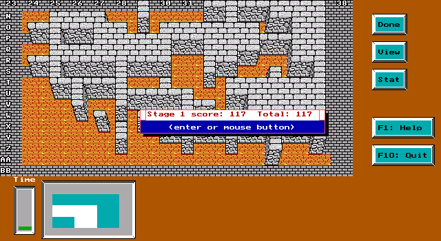 Towers (DOS) screenshot: score is calculated after removing too small groups (<5) of blocks.
