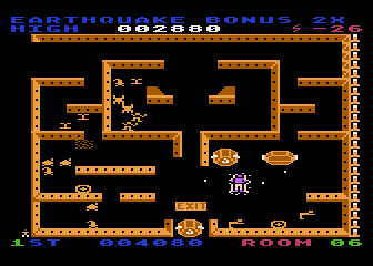Lost Tomb (Atari 8-bit) screenshot: Triggered an earthquake? the walls will shoot you down