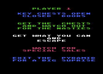 Lost Tomb (Atari 8-bit) screenshot: Watch for... special sales? huh?