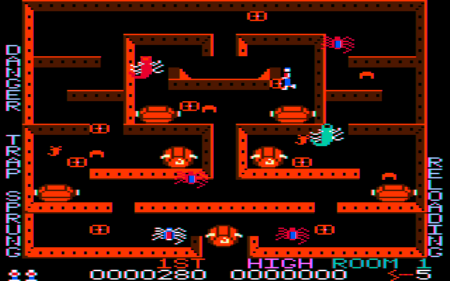 Lost Tomb (PC Booter) screenshot: Sprung a trap! Go for the treasure chest to reset the timer (CGA w/ composite monitor)