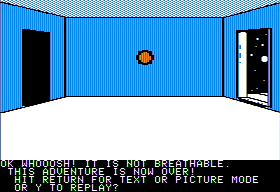 Strange Odyssey (Apple II) screenshot: Maybe don't open the outside door.