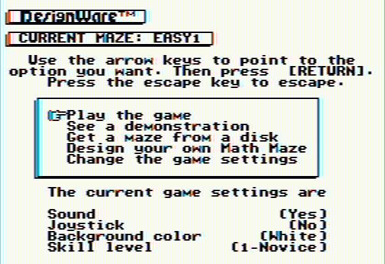 Math Maze (Apple II) screenshot: Main menu