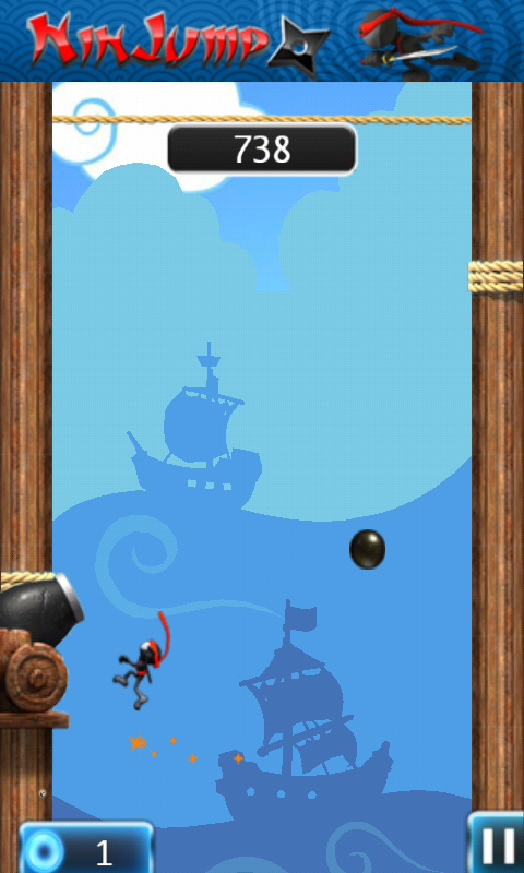 NinJump Deluxe (Android) screenshot: Watch out for the cannon ball.