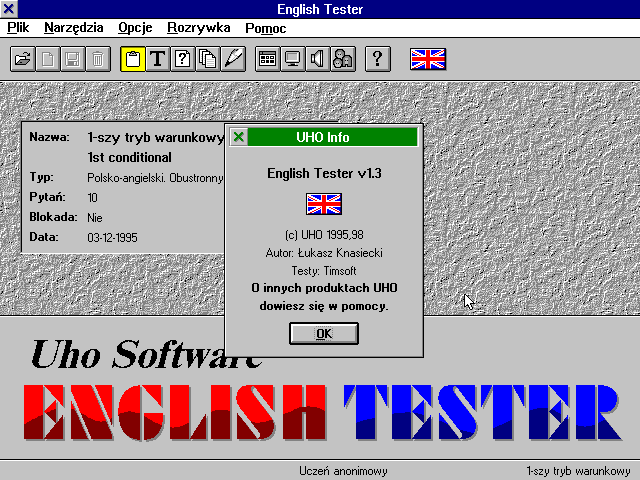 Język Angielski: UHO's English Tester for DOS (DOS) screenshot: Info