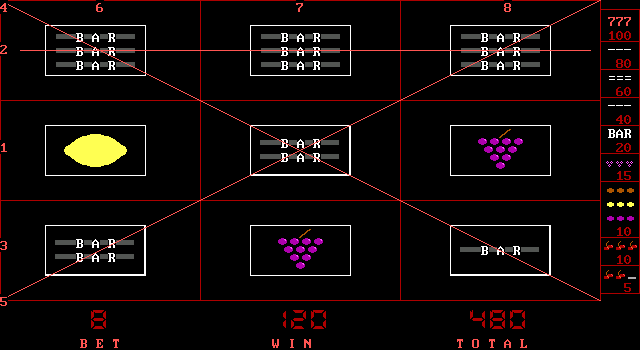 SLOT-8 (DOS) screenshot: but multiple bars are better, $120 total on screen