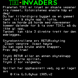 Tiki Invaders (Tiki 100) screenshot: Title screen with instructions