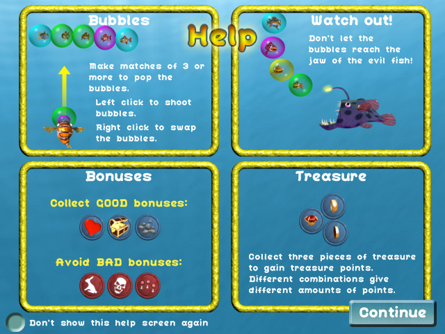 Bubblefish Bob (Windows) screenshot: In-game help