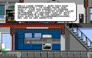 Backstage (Amiga) screenshot: Dialogues are shown in speech bubbles.