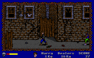 Operation: Cleanstreets (Amiga) screenshot: People launch bricks and knives from the building windows.
