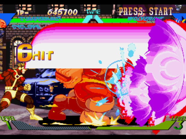 X-Men vs. Street Fighter (PlayStation) screenshot: It's Hyper Combo time, with Cyclops' Mega Optic Blast and Juggernaut's Head Crush hitting Wolverine!