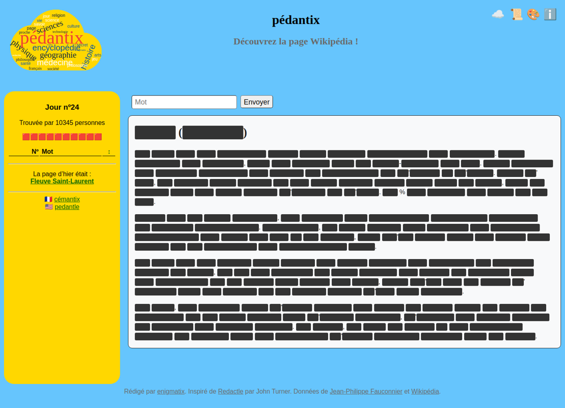 pédantix (Browser) screenshot: The start of a new game. The Wikipedia entry is completely obscured