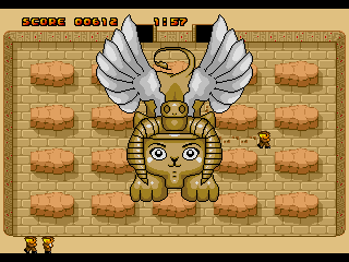 Oh Mummy Genesis (Genesis) screenshot: The first boss! This sphinx obscures the player's view, and will swoop down to attack.