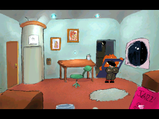 Alien Rape Escape (Windows) screenshot: Alien is escaping and smashing the director by the door