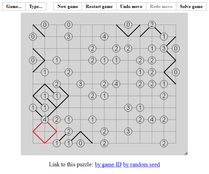 Slant (Browser) screenshot: A bigger puzzle (errors are indicated in red)