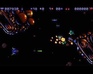 Tubular Worlds (Amiga) screenshot: World 2 - Stage 1. Looks like "R-Type".