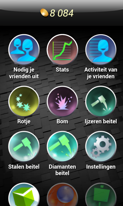 Curiosity (Android) screenshot: Menu screen where you can spend coins (Dutch version).