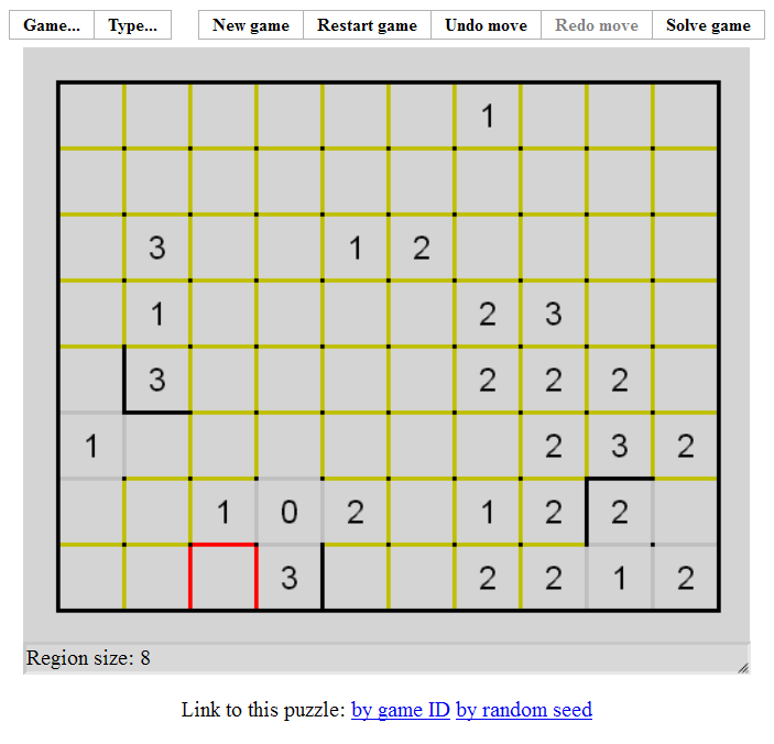Palisade (Browser) screenshot: A bigger puzzle (errors are indicated in red)