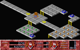 Clown-O-Mania (Atari ST) screenshot: Arrows marks one way passages