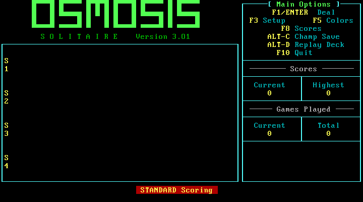 Osmosis Solitaire (DOS) screenshot: Main playing screen (empty table until you deal)