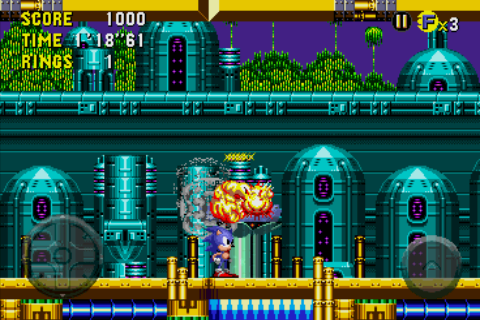 Sonic CD (Android) screenshot: Destroying the container of Eggan's stolen seedlings