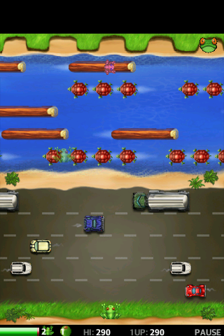 Frogger (Android) screenshot: One successful crossing, see upper right.