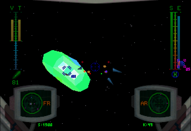 BattleSphere (Jaguar) screenshot: Gauntlet Mode - Think of it as an endless Missile Command 3D but will full 3D control. You need to defend 6 of your starbases from wave after wave of enemies.
