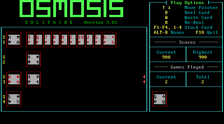 Osmosis Solitaire (DOS) screenshot: A little later in the game, third deal. The spare stack is not refilled when empty.
