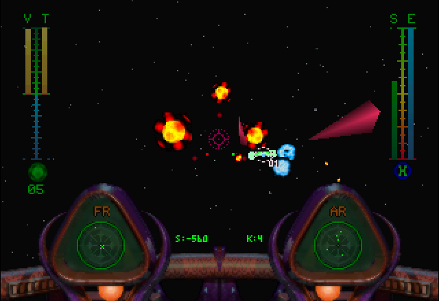 BattleSphere (Jaguar) screenshot: Fighting against a group of enemy fighters and superships.