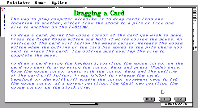 TEGL Klondike Solitaire (DOS) screenshot: How to use this newfangled device, the 'mouse'. (And mouse dragging is not quite the same today)