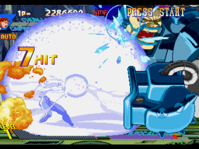 X-Men vs. Street Fighter (PlayStation) screenshot: In a forced attempt to strike back Apocalypse's Drill move, Chun-Li uses her Hyper Combo Kikou Shou.