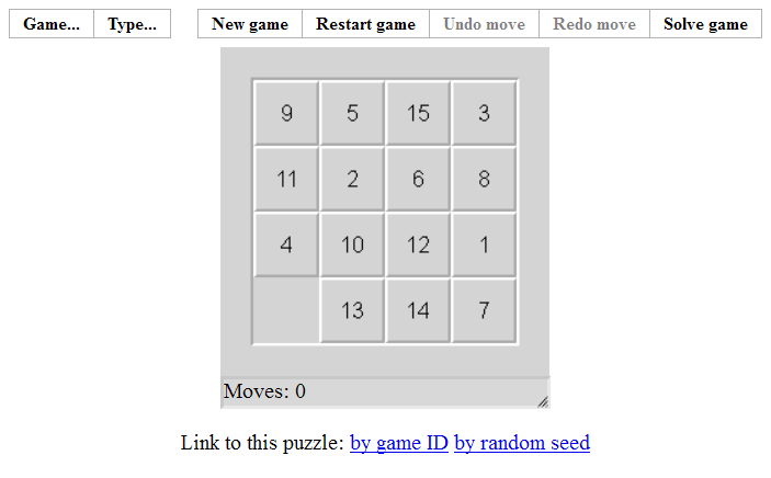 Fifteen (Browser) screenshot: A 4x4 puzzle in progress