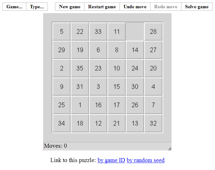 Fifteen (Browser) screenshot: A 6x6 puzzle in progress