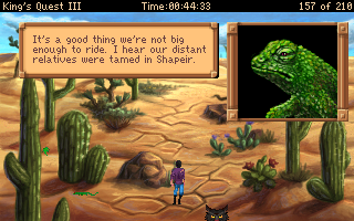 King's Quest III Redux: To Heir is Human (Windows) screenshot: Once Alexander has completed the "Understanding the Language of Creatures" spell, check out what some animals say - just for fun. Here's a "Quest for Glory" Easter egg by the lizards...