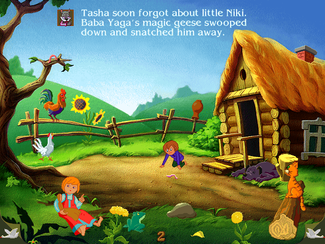 Magic Tales: Baba Yaga and the Magic Geese (Windows) screenshot: Of course Tasha doesn't pay attention to his brother. Sure, it's a children's story, but still it's unrealistic how she notices what happeed... "of course" again, at the moment the geese kidnap Niki.