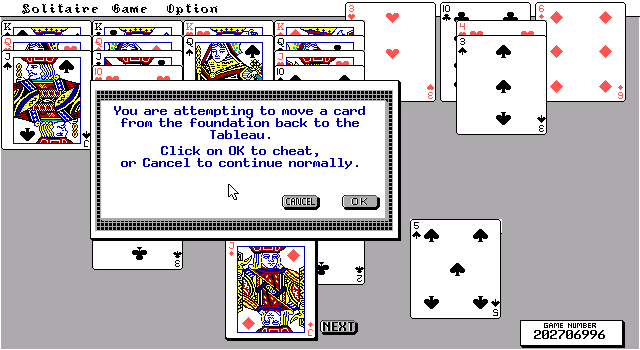 TEGL Klondike Solitaire (DOS) screenshot: OK, now I try to cheat because my legal moves have run out.