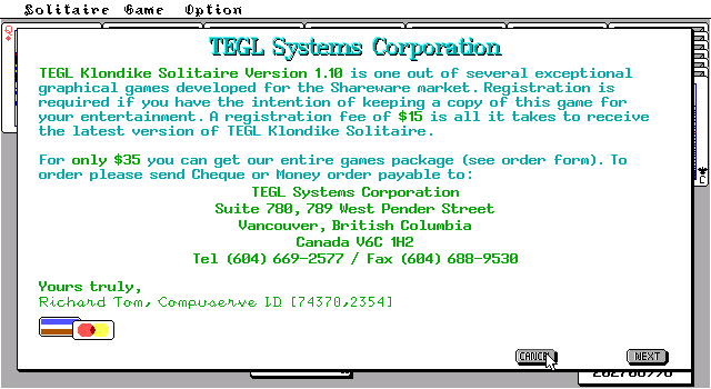 TEGL Klondike Solitaire (DOS) screenshot: Shareware info