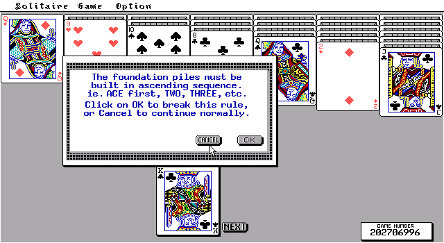 TEGL Klondike Solitaire (DOS) screenshot: U cheat! No, it's just that the drag/drop function is not the usual one.