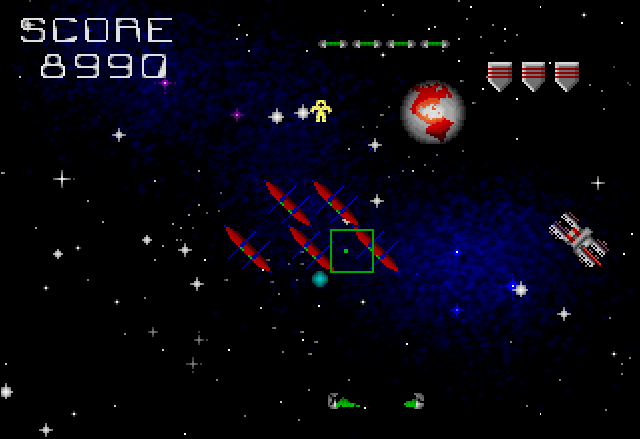 Mad Bodies (Jaguar) screenshot: From Level 3 onwards, astronauts are introduced and you grab them with your reticle. By placing them on the stations, you get power ups.