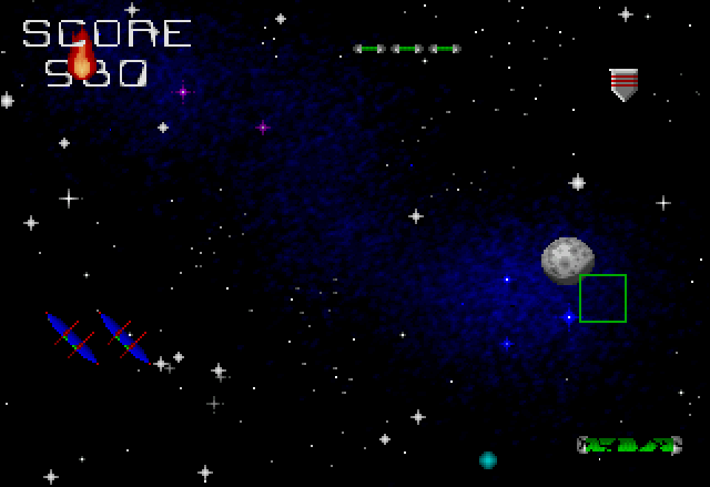 Mad Bodies (Jaguar) screenshot: You have two objectives in the game: Keep kicking back the planetoids and destroy them by shooting with your reticle. Both methods gives you points.