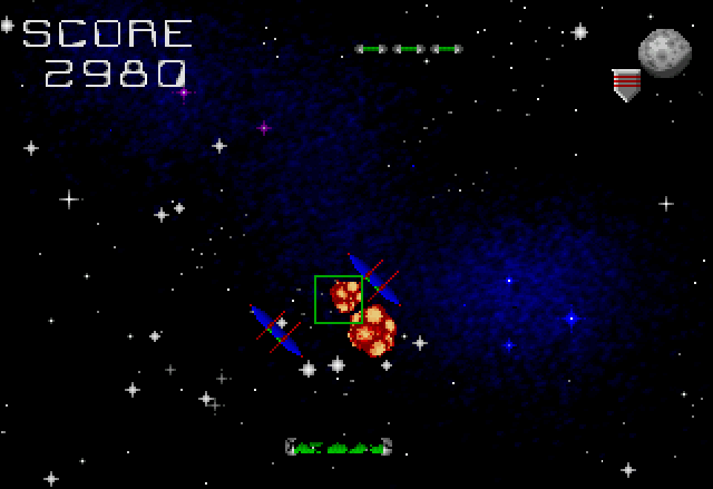 Mad Bodies (Jaguar) screenshot: Be careful with the enemy ships, as they'll hurt you with their shots. Same thing happens by crashing into them.