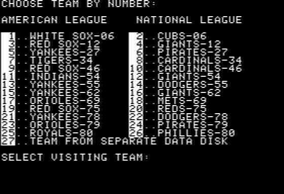Computer Baseball (Apple II) screenshot: Team selection