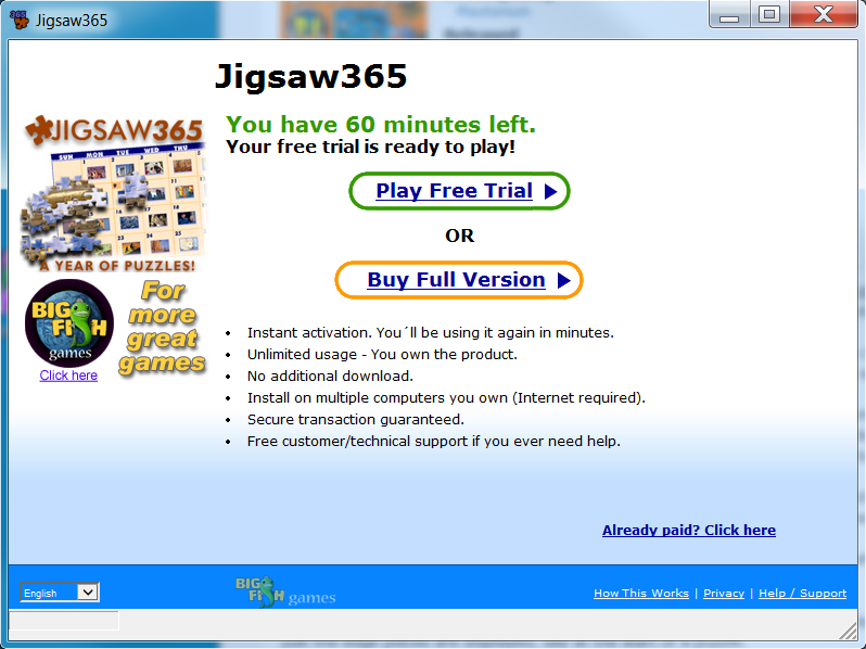Jigsaw365 (Windows) screenshot: Big Fish Games also had a time limited shareware version of the game