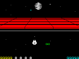 Star Wars: Return of the Jedi - Death Star Battle (ZX Spectrum) screenshot: Avoid enemy fighters and wait for a hole in the shield to appear.