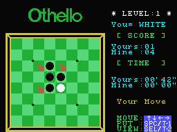 Computer Othello (MSX) screenshot: Red markers show legal moves for white.