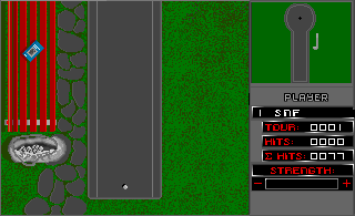 Mini Golf Plus (Amiga) screenshot: Starting a new game. The first hole is a straight shot.