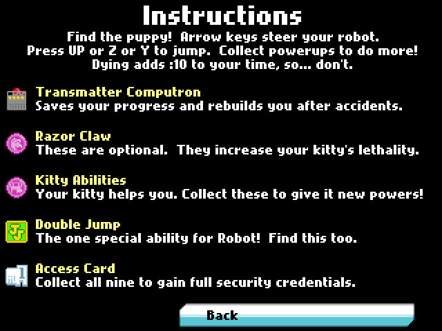 Robot Wants Puppy (Browser) screenshot: The intructions screen