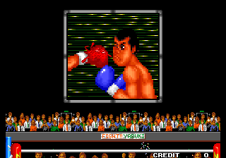 Ashita no Joe Densetsu (Arcade) screenshot: The decisive blow will be played on a giant screen after you win a boxing match.