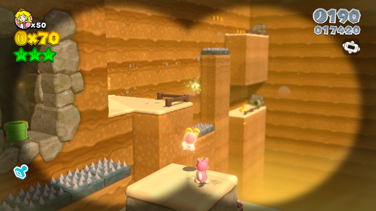 Super Mario 3D World (Wii U) screenshot: At a certain point of a level you can take a peek at what's ahead