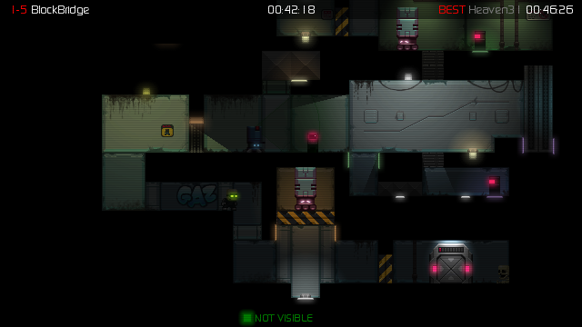 Stealth Bastard: Tactical Espionage Arsehole (Windows) screenshot: A puzzle where we have to activate a switch to have the crate fall down onto another switch
